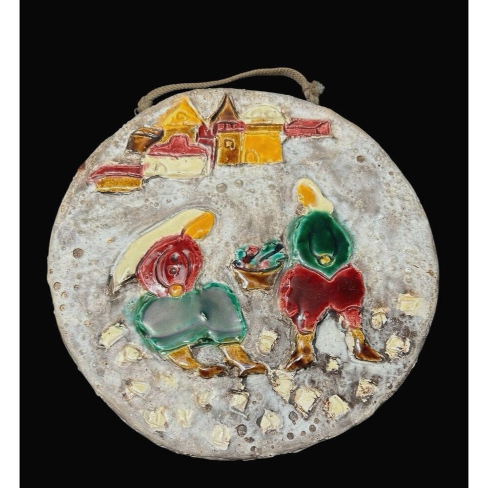 Old City Pottery Studio Glazed 7.75 Round Wall Art Signed Hanger Folk Art Israel